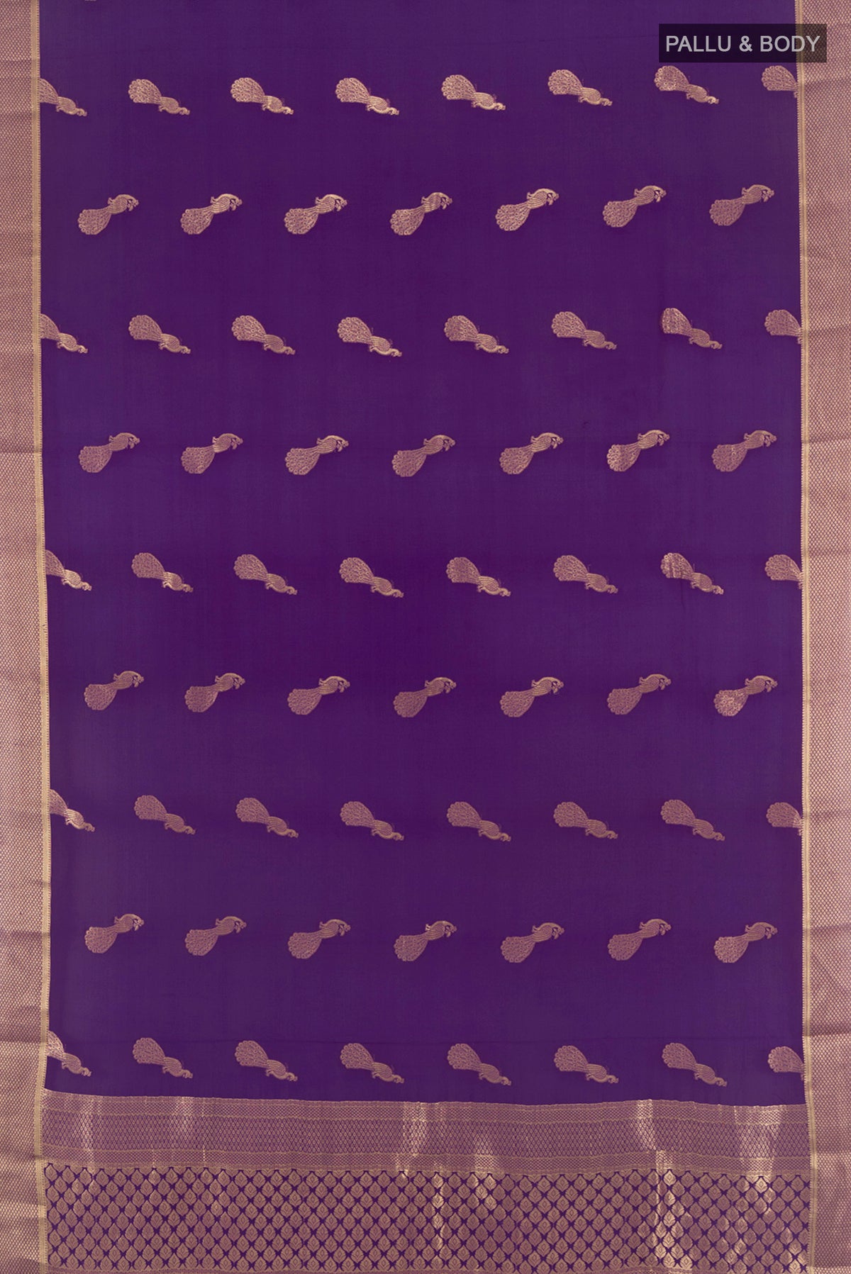 Flat view of Violet Mysore Crepe Saree with Zari Butta on the body and Zari Border. 