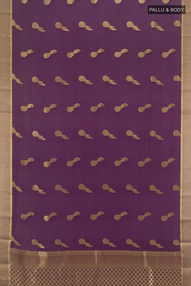 Flat view of Pure Silk Pure Zari Violet Mysore Crepe Saree with Zari Butta on the body and Silk Border. 