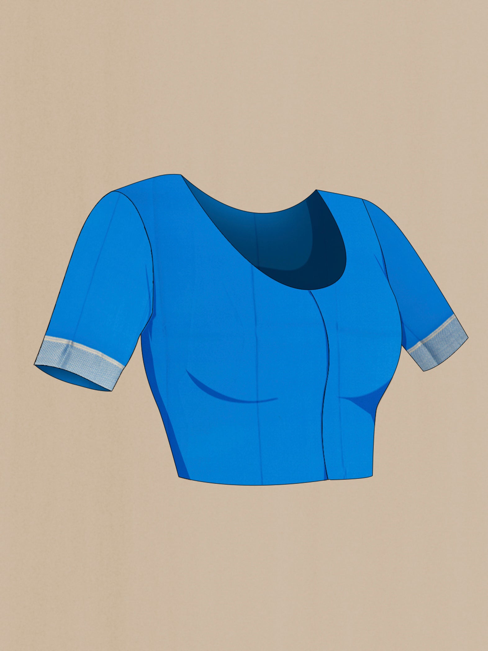 Close up image of the blouse of Light Blue Mysore Crepe Saree with Zari Butta on the body and Zari Border. 