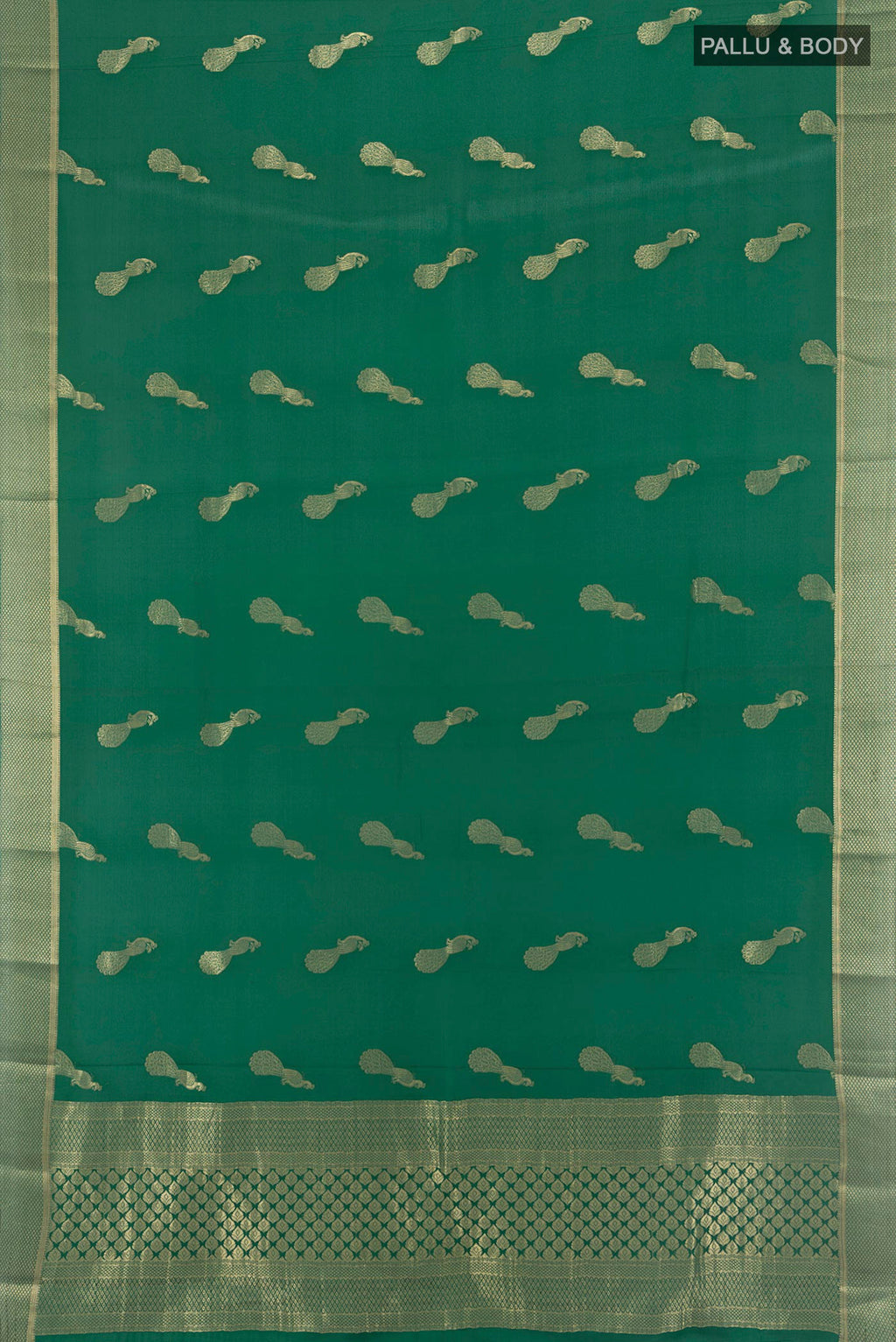 Flat view of Bottle Green Mysore Crepe Saree with Zari Butta on the body and Zari Border. 