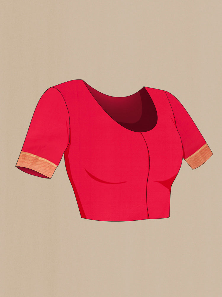 Close up image of the blouse of Pure Silk Pure Zari Red Mysore Crepe Saree with Zari Butta on the body and Silk Border. 