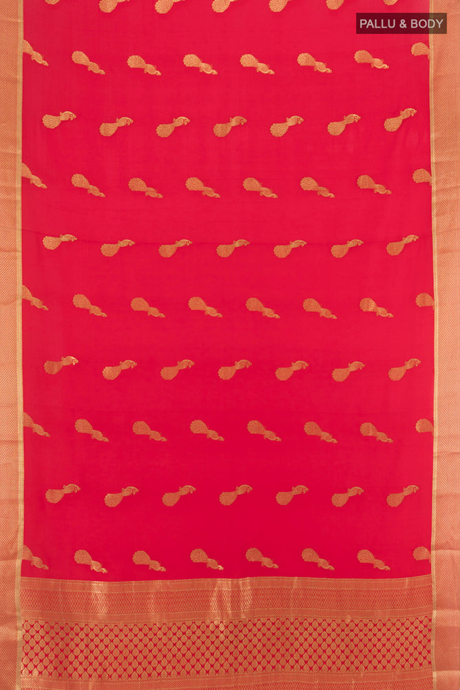 Flat view of Pure Silk Pure Zari Red Mysore Crepe Saree with Zari Butta on the body and Silk Border. 