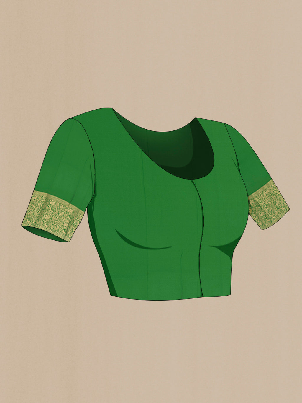 Close up image of the blouse of Green Mysore Crepe Saree with Zari Butta on the body and Zari Border. 