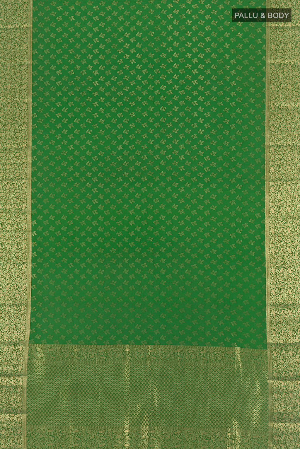 Flat view of Green Mysore Crepe Saree with Zari Butta on the body and Zari Border. 