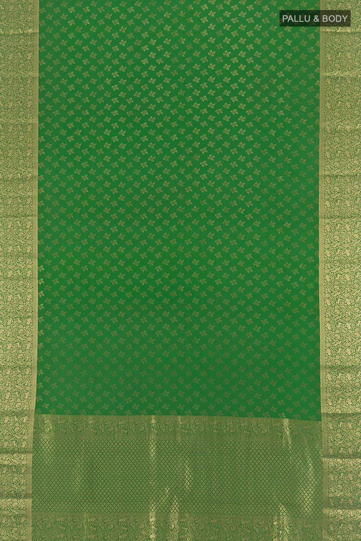 Flat view of Green Mysore Crepe Saree with Zari Butta on the body and Zari Border. 
