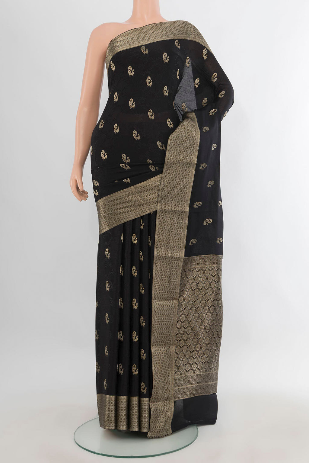 Black Mysore Crepe Saree with Zari Butta on the body and Zari Border.  displayed on a mannequin