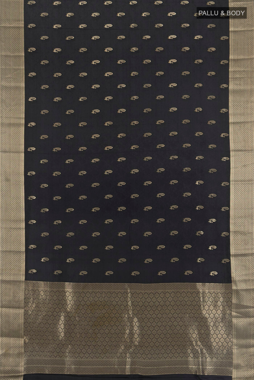 Flat view of Black Mysore Crepe Saree with Zari Butta on the body and Zari Border. 