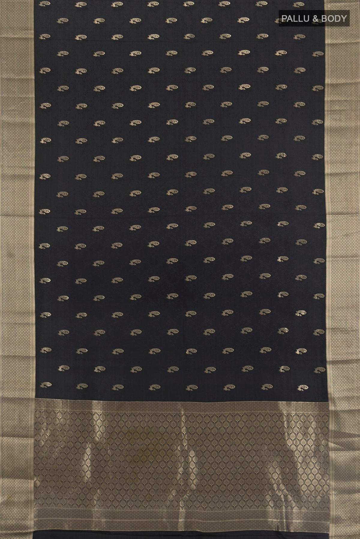 Flat view of Black Mysore Crepe Saree with Zari Butta on the body and Zari Border. 