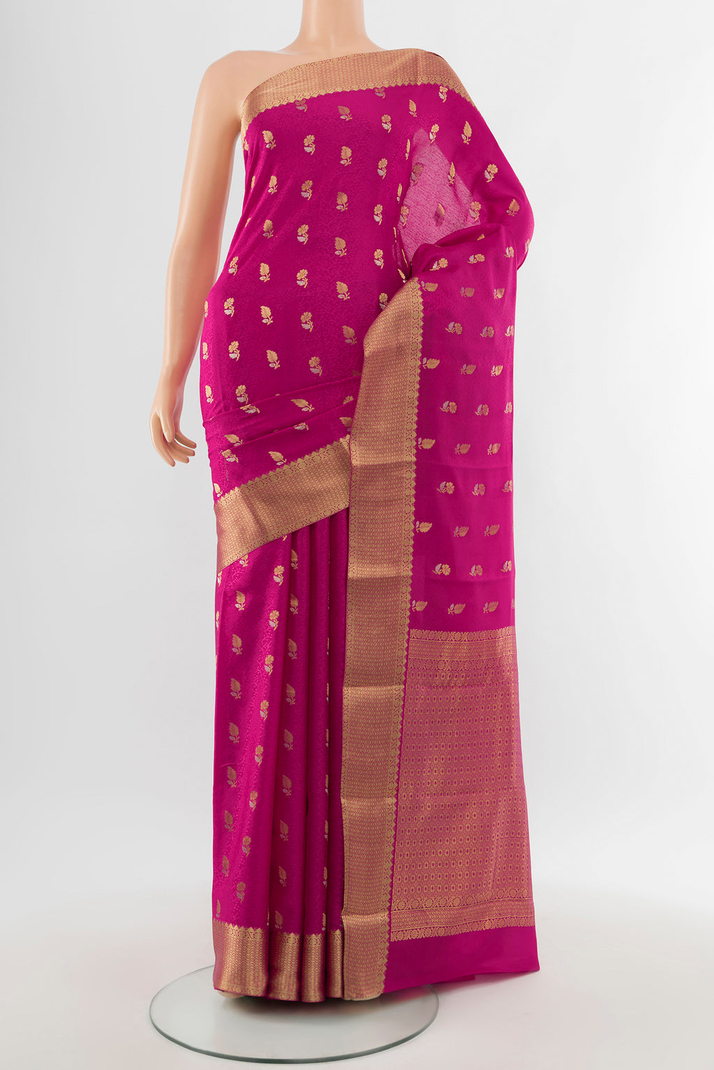 Purple Mysore Crepe Saree with Zari Butta on the body and Silk Border.  displayed on a mannequin