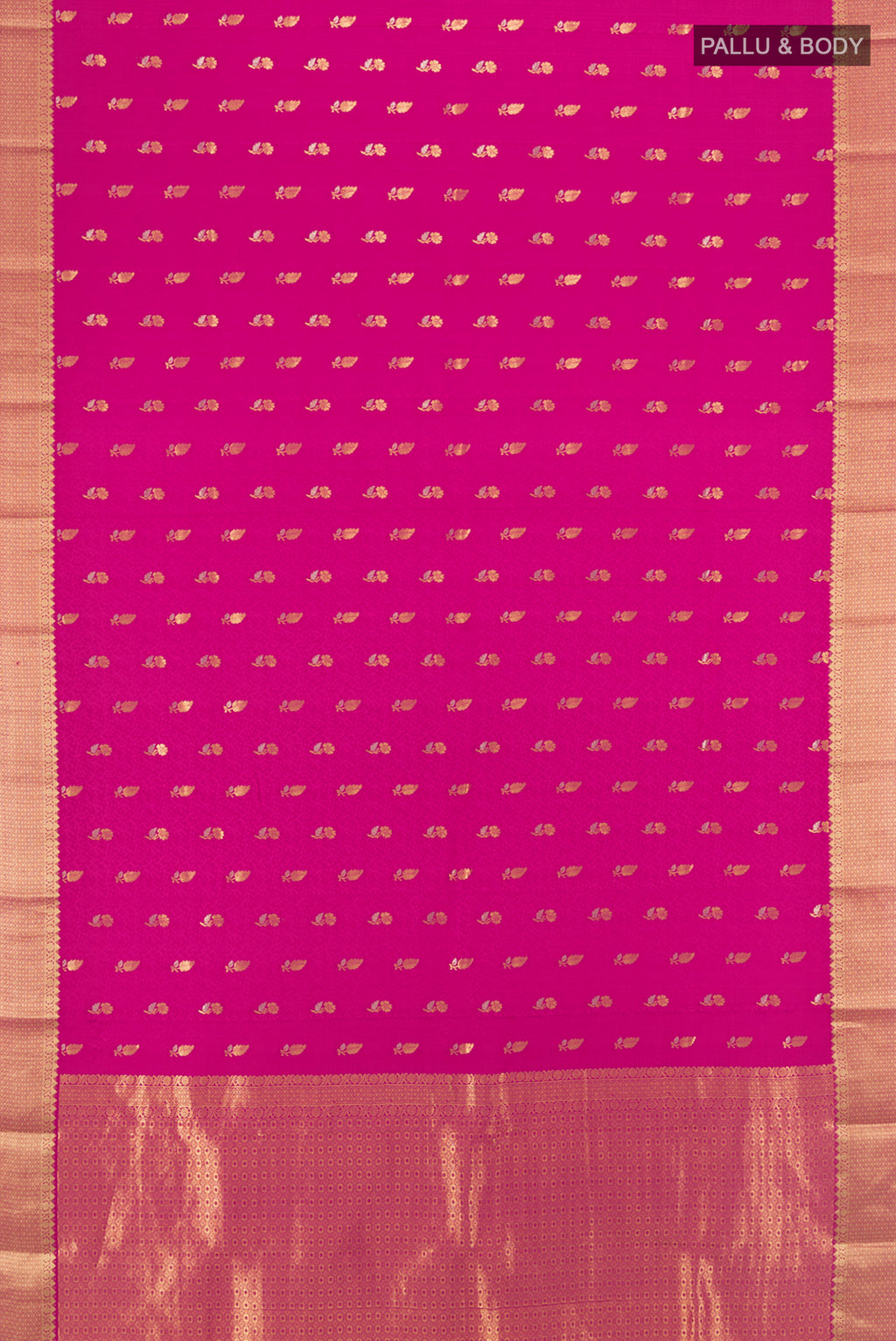 Flat view of Purple Mysore Crepe Saree with Zari Butta on the body and Silk Border. 