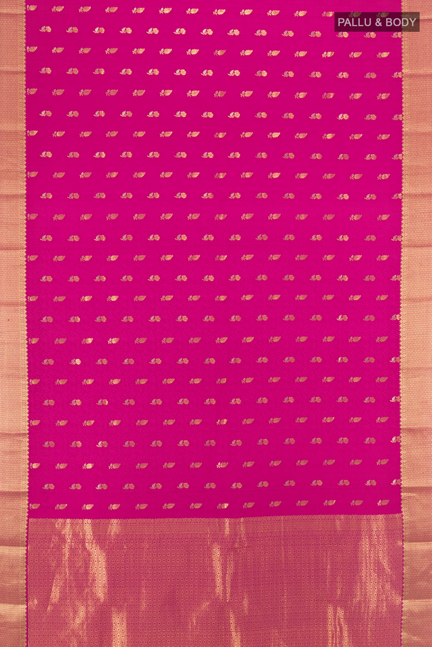 Flat view of Purple Mysore Crepe Saree with Zari Butta on the body and Silk Border. 