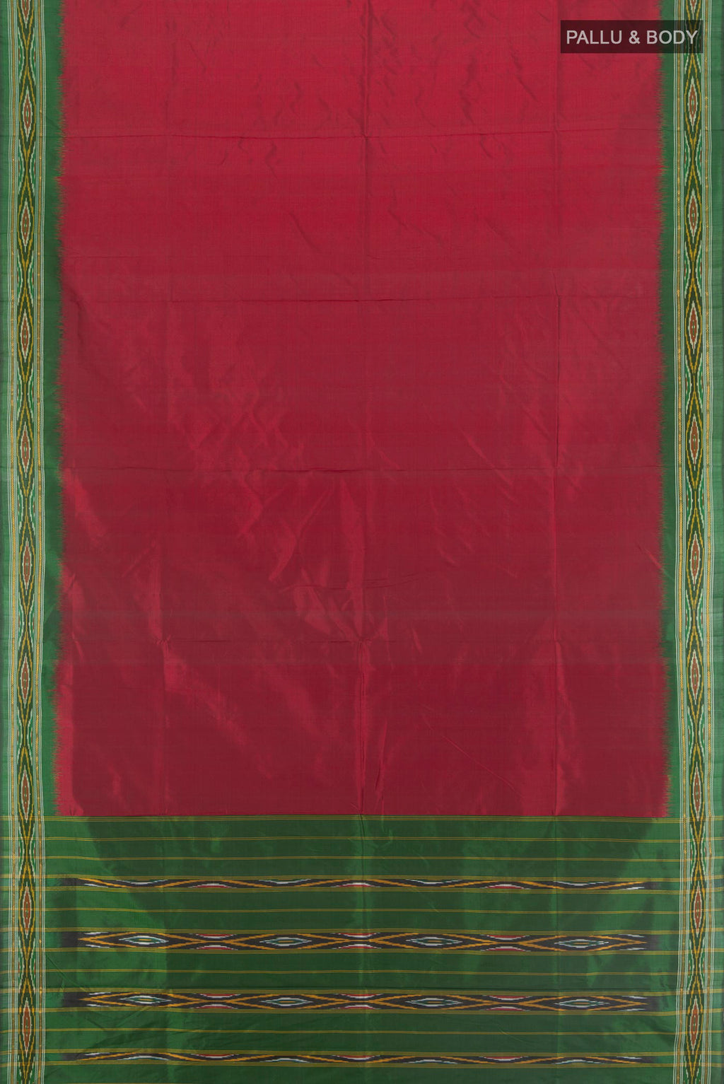 Flat view of Maroon Pochampally Silk Saree with Plain Body and Ikat Border. 