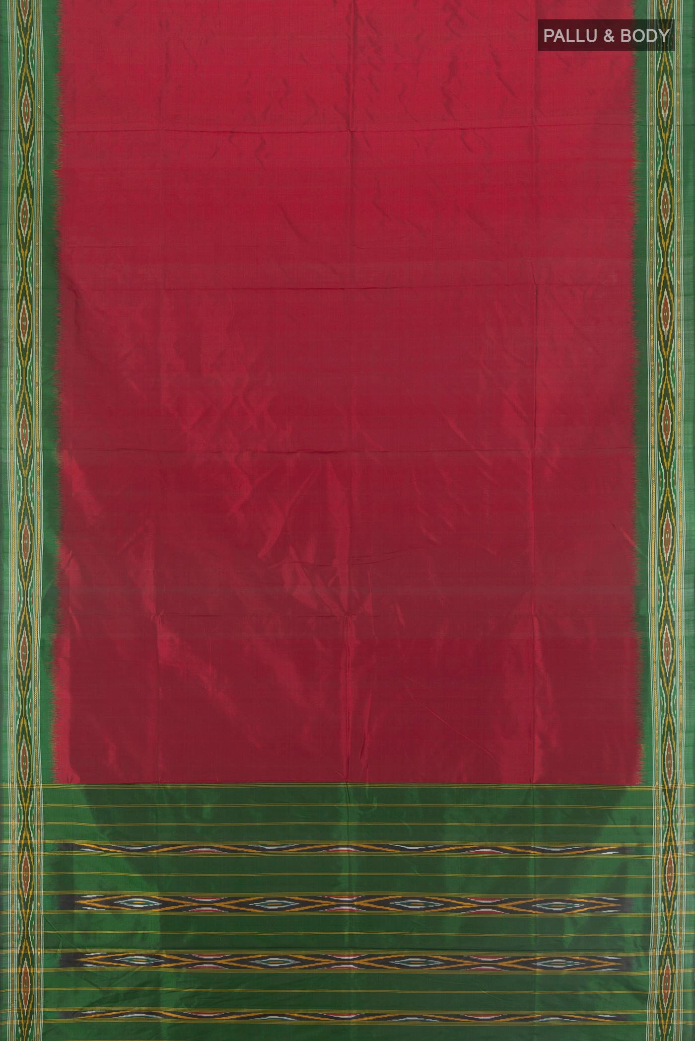 Flat view of Maroon Pochampally Silk Saree with Plain Body and Ikat Border. 