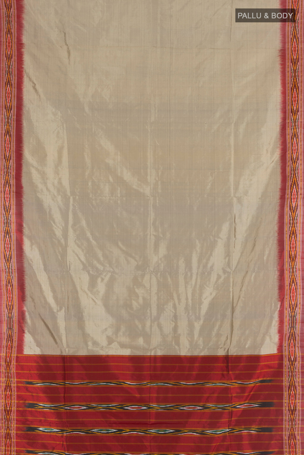 Flat view of Grey Pochampally Silk Saree with Plain Body and Ikat Border. 