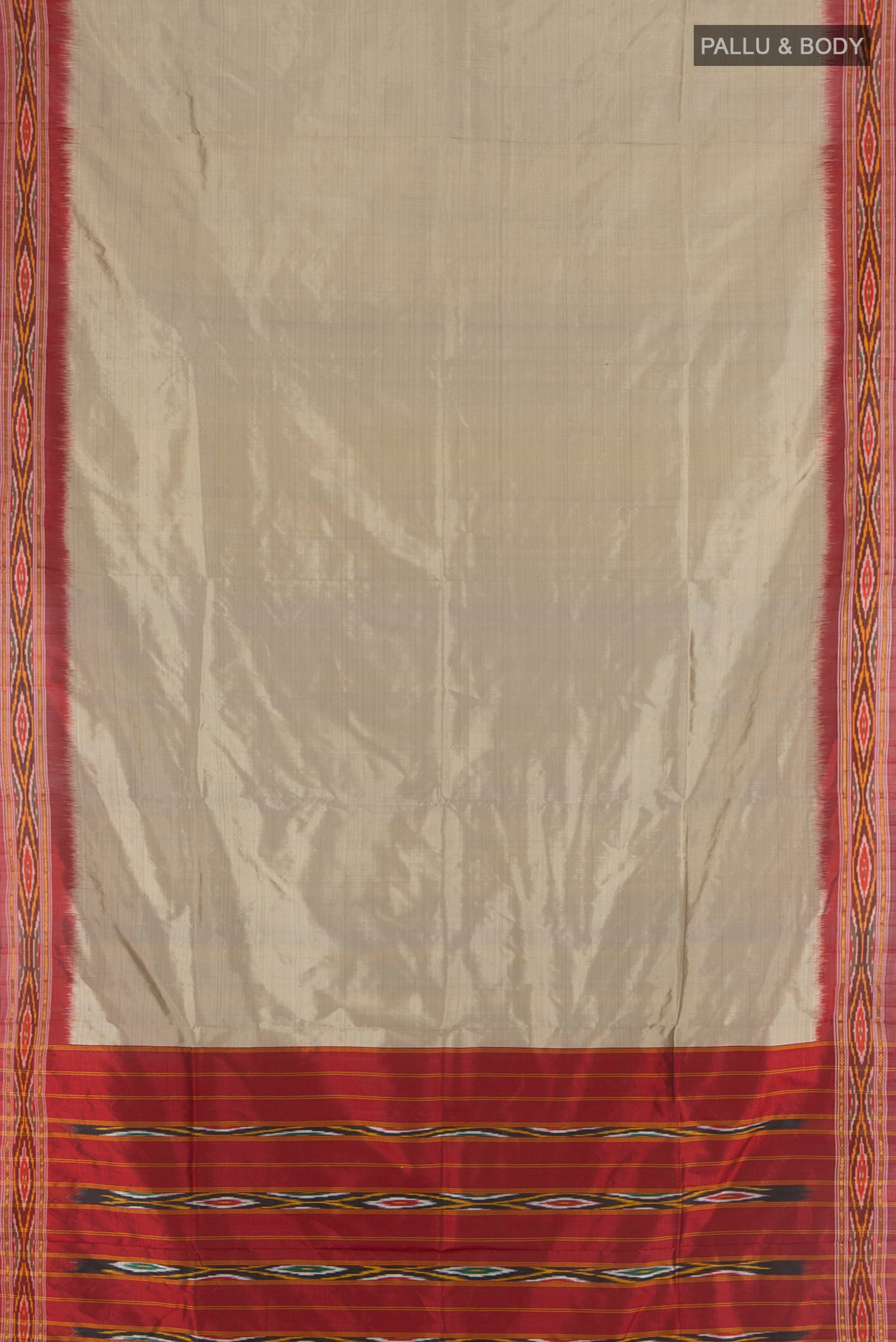 Flat view of Grey Pochampally Silk Saree with Plain Body and Ikat Border. 