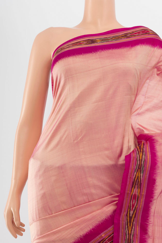 Border image of Peach Pochampally Saree with Ikat Print on the body and Silk Border. 