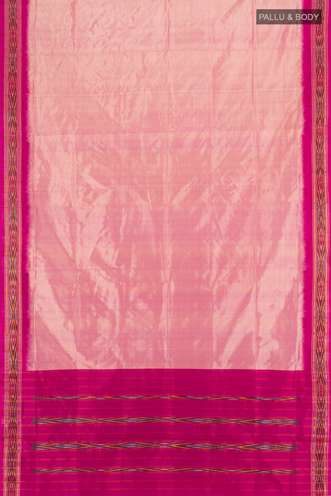 Flat view of Peach Pochampally Saree with Ikat Print on the body and Silk Border. 
