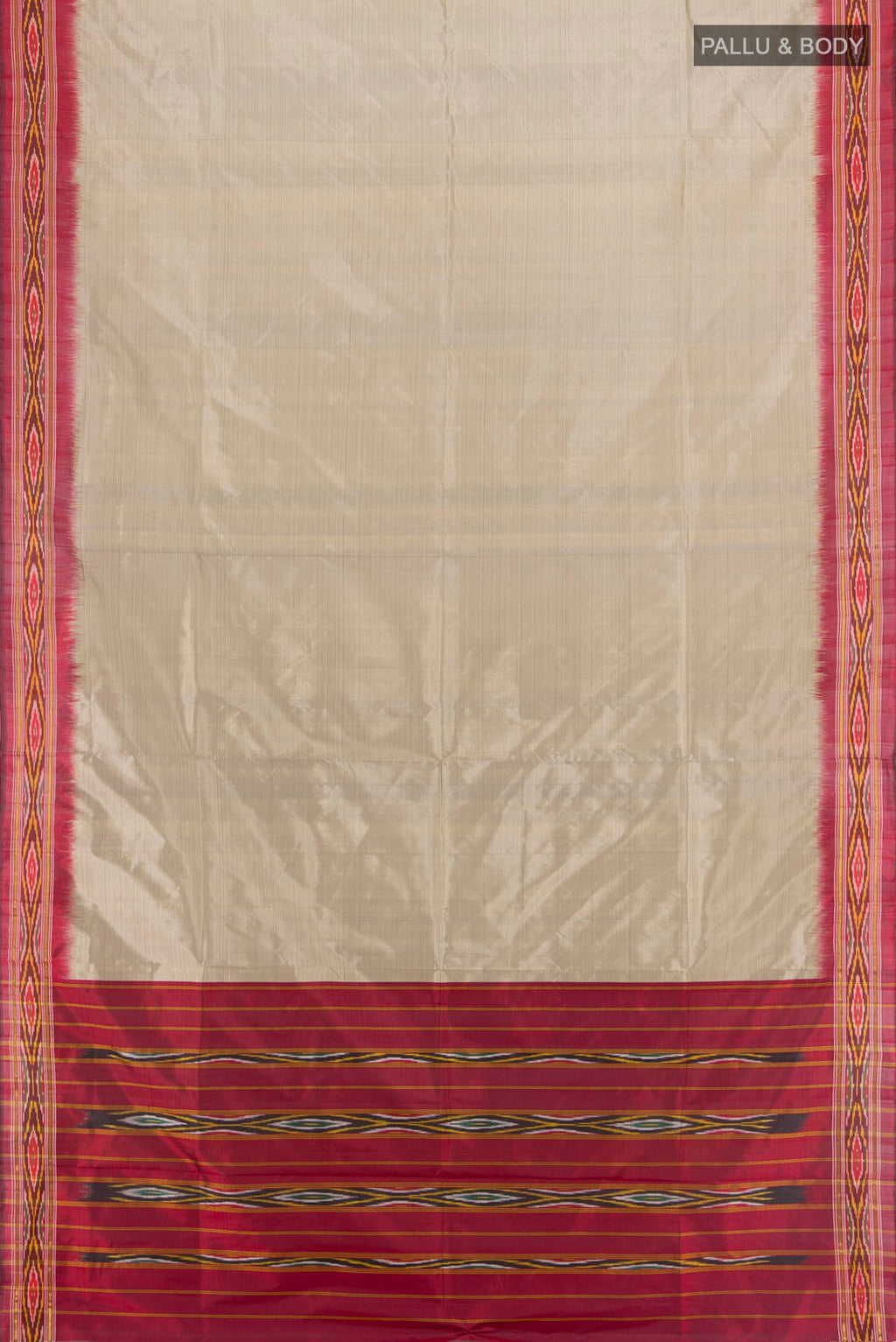 Flat view of Pure Silk Grey Pochampally Saree with Plain Body and Ikat Border. 