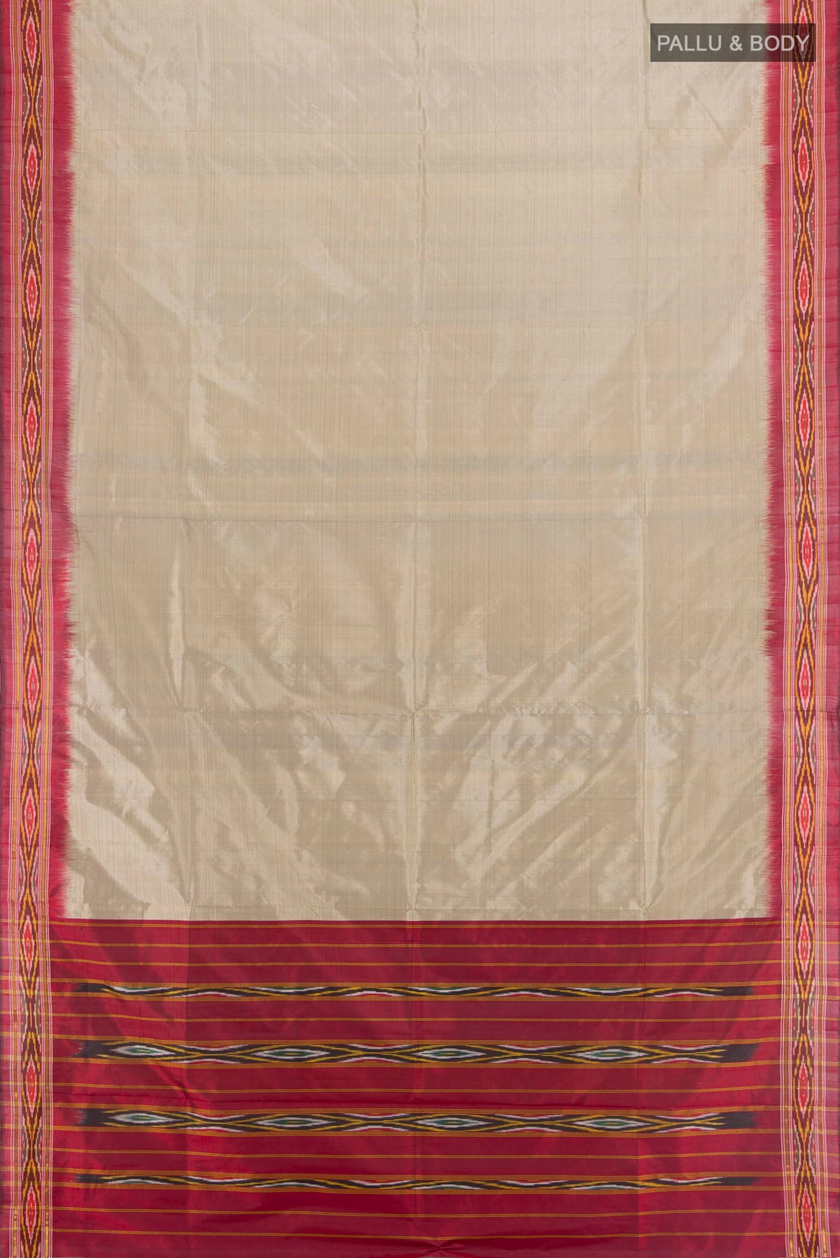 Flat view of Pure Silk Grey Pochampally Saree with Plain Body and Ikat Border. 