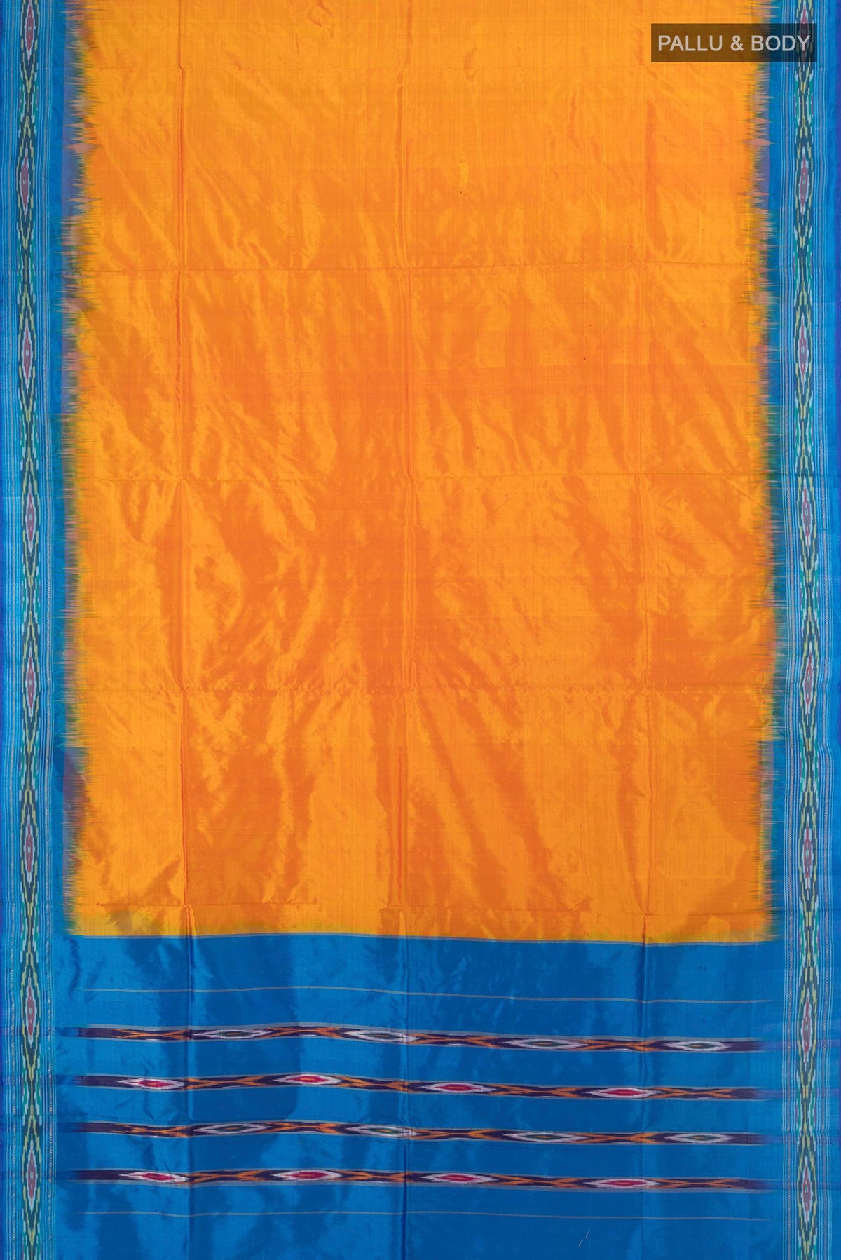 Flat view of Pure Silk Yellow Pochampally Saree with Plain Body and Ikat Border. 