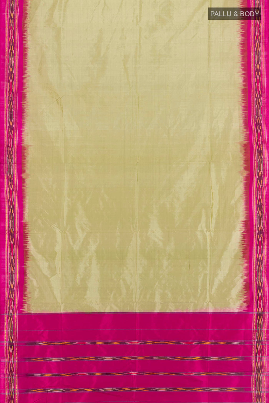 Flat view of Beige Pochampally Silk Saree with Plain Body and Ikat Border. 