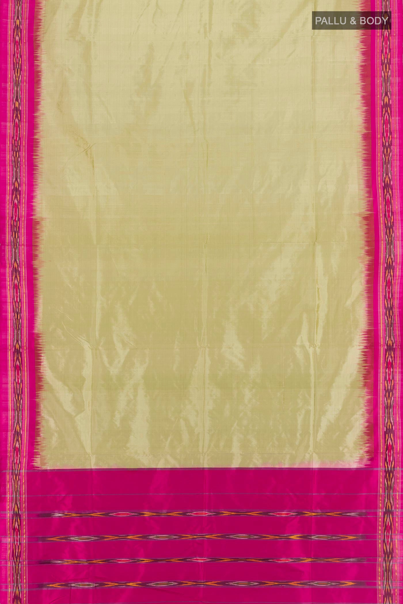 Flat view of Beige Pochampally Silk Saree with Plain Body and Ikat Border. 