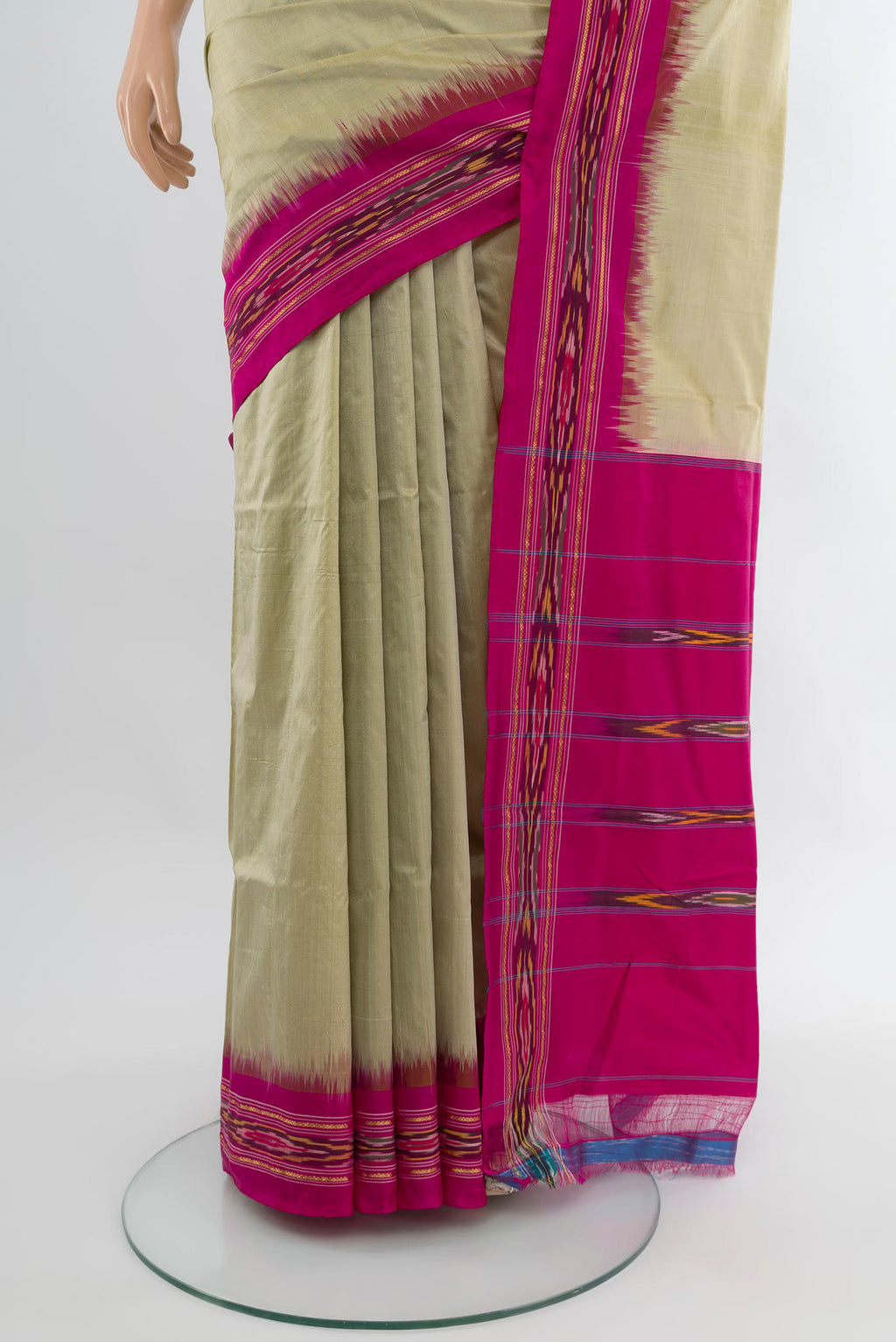 Pleats and pallu of Beige Pochampally Silk Saree with Plain Body and Ikat Border. 