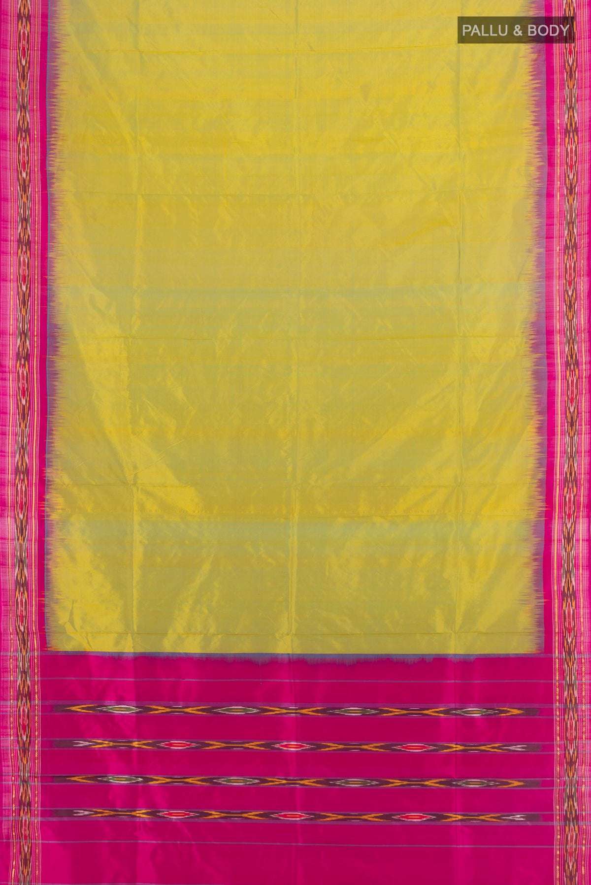 Flat view of Pure Silk Acid Green Pochampally Saree with Plain Body and Ikat Border. 