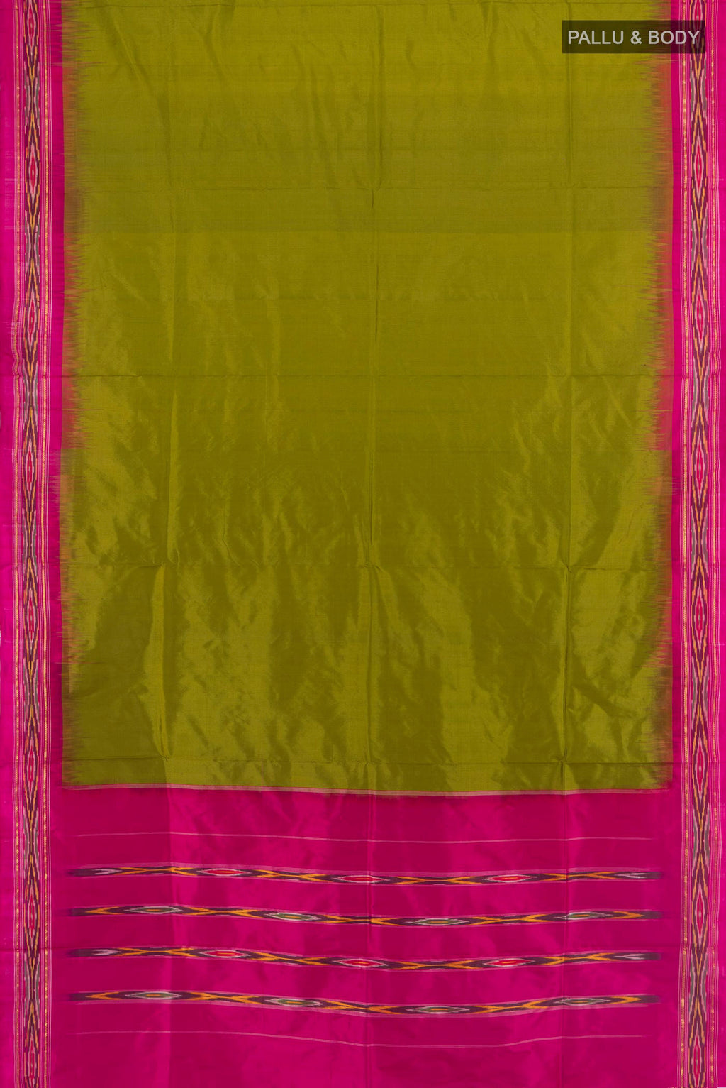 Flat view of Pure Silk Mehandi Green Pochampally Saree with Plain Body and Ikat Border. 