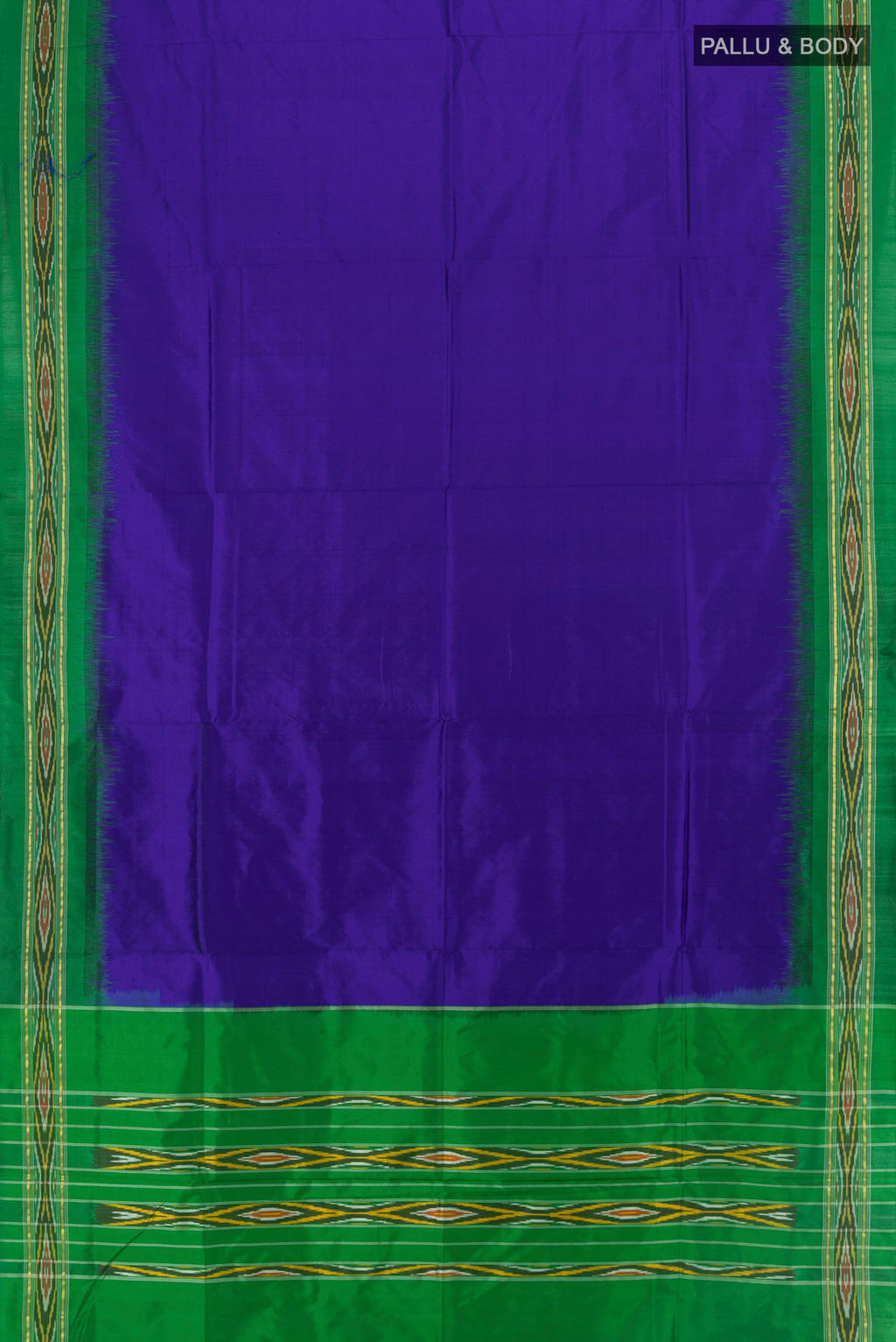 Flat view of Pure Silk Dark Blue Pochampally Saree with Plain Body and Ikat Border. 