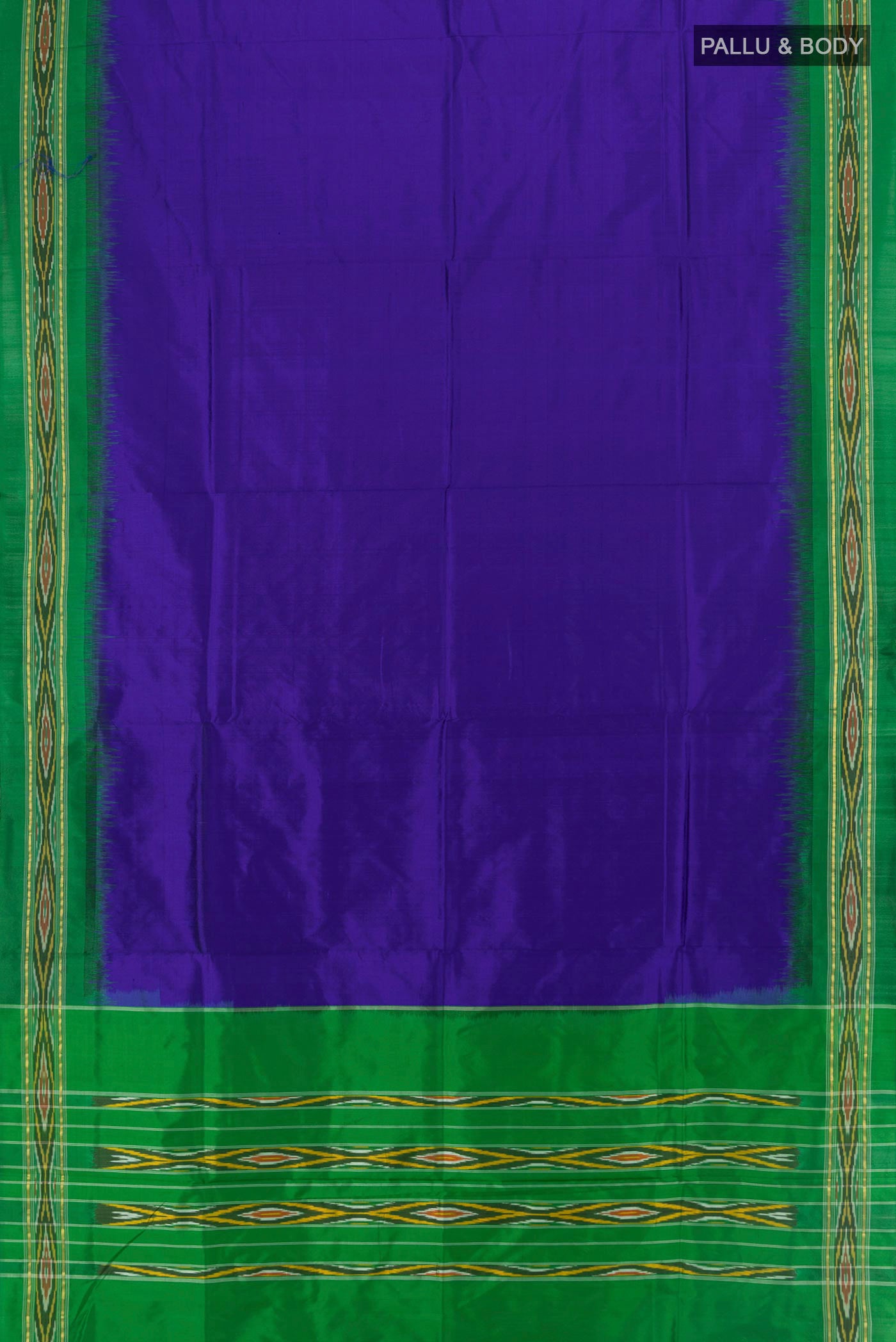 Flat view of Pure Silk Dark Blue Pochampally Saree with Plain Body and Ikat Border. 