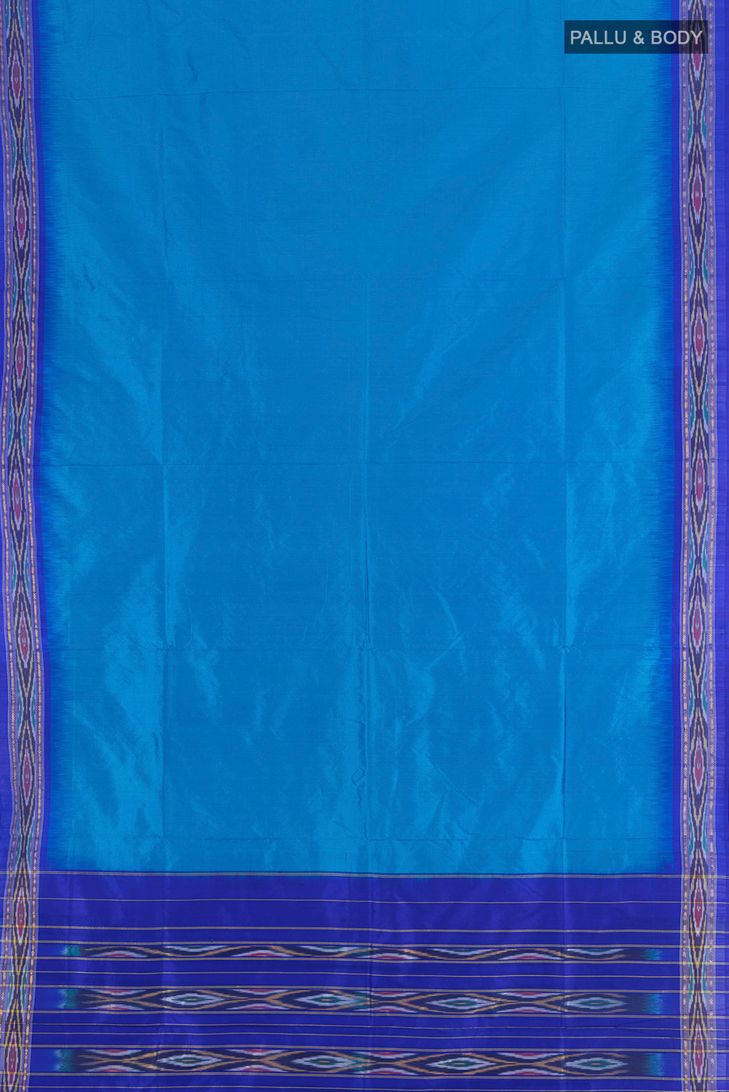 Flat view of Royal Blue Pochampally Silk Saree with Plain Body and Ikat Border. 