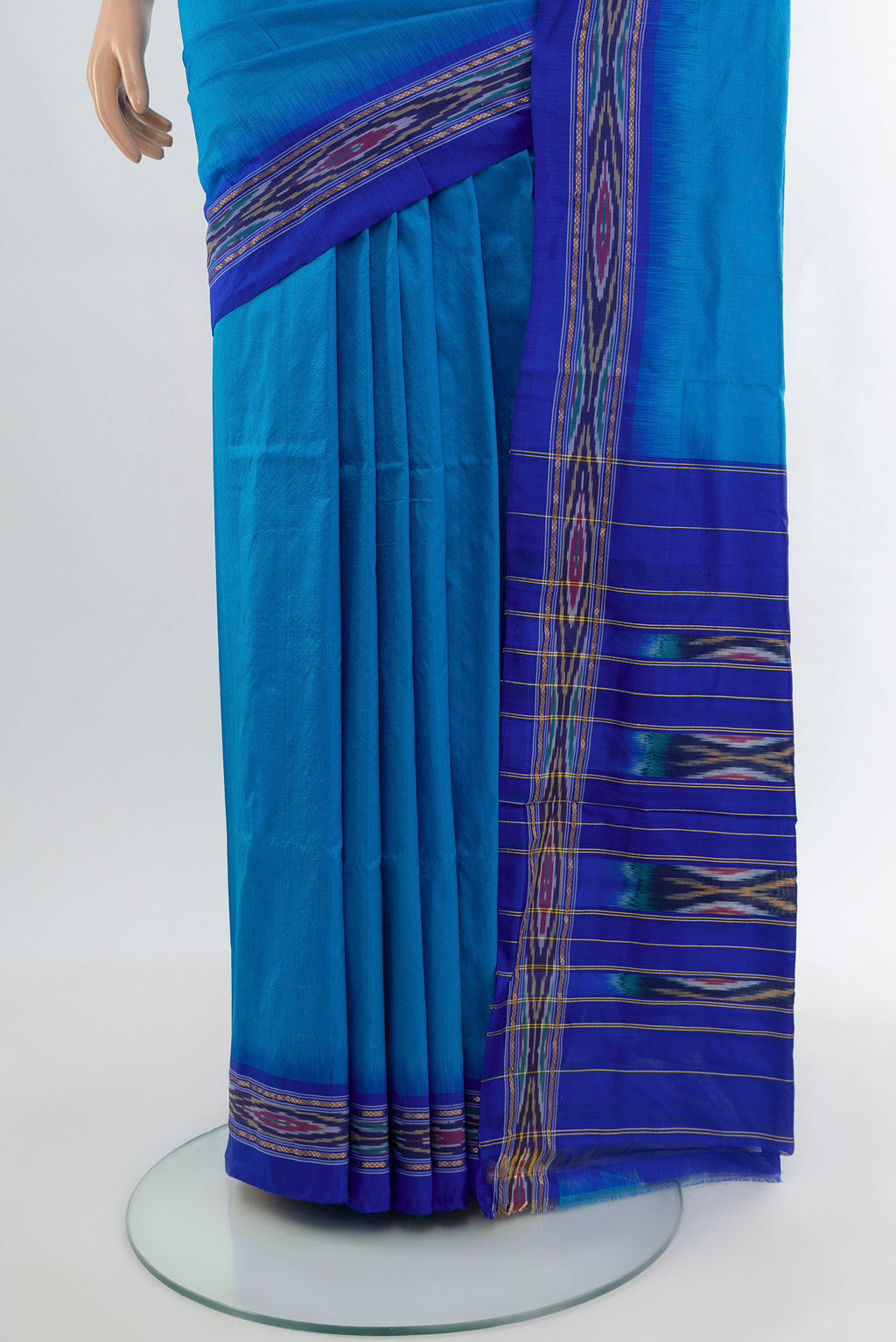 Pleats and pallu of Royal Blue Pochampally Silk Saree with Plain Body and Ikat Border. 