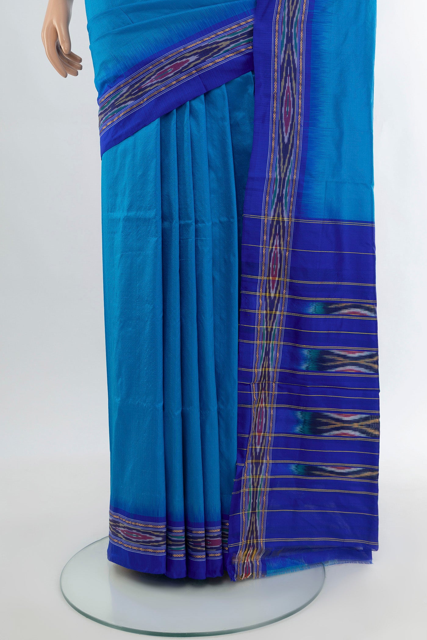 Pleats and pallu of Royal Blue Pochampally Silk Saree with Plain Body and Ikat Border. 
