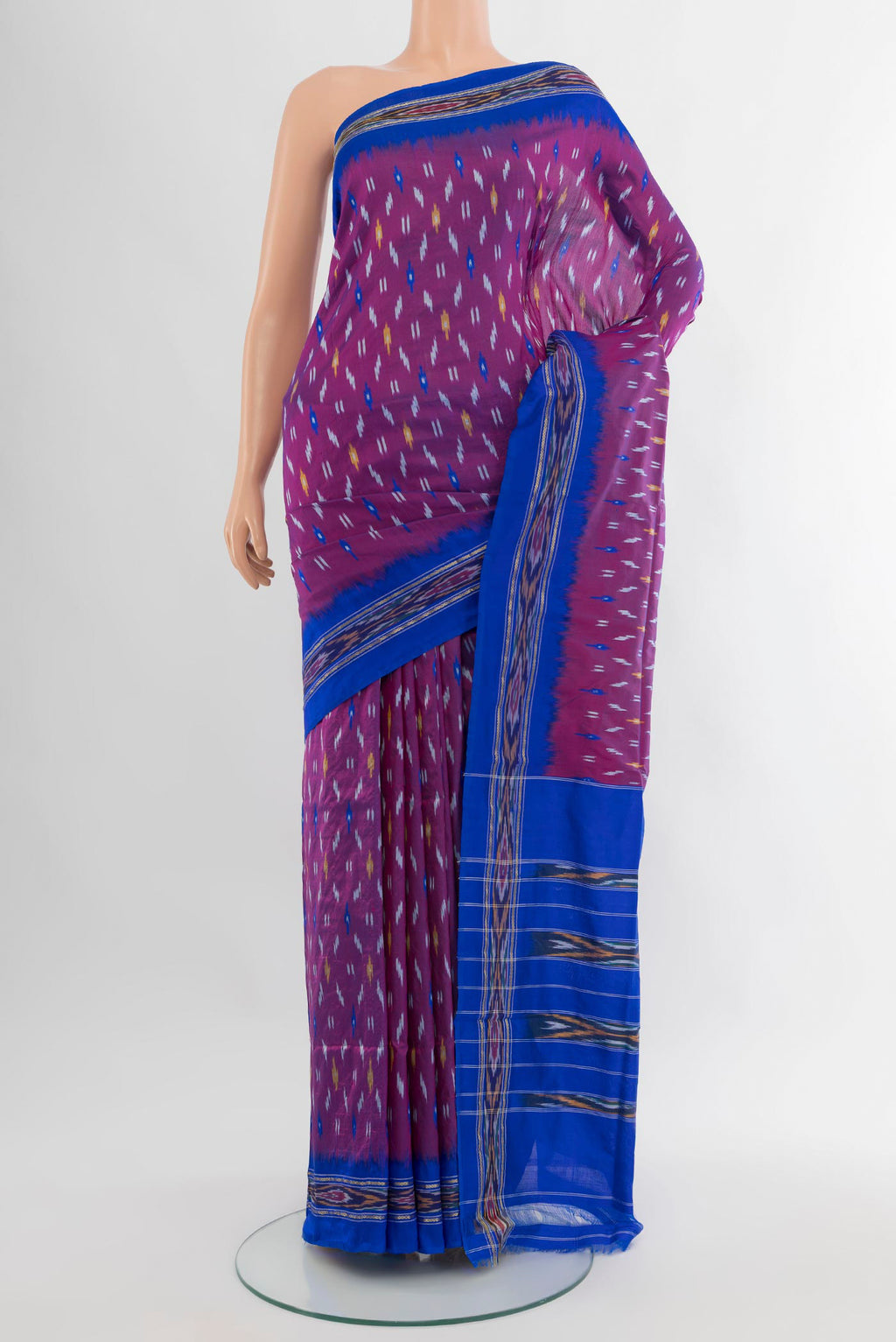 Purple Pochampally Silk Saree with Ikat design on the body and Ikat Border.  displayed on a mannequin
