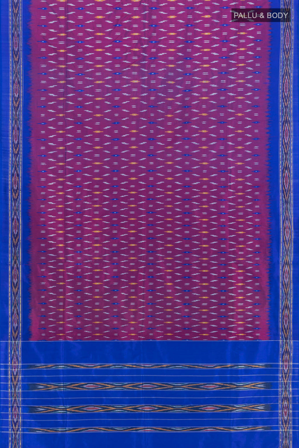 Flat view of Purple Pochampally Silk Saree with Ikat design on the body and Ikat Border. 