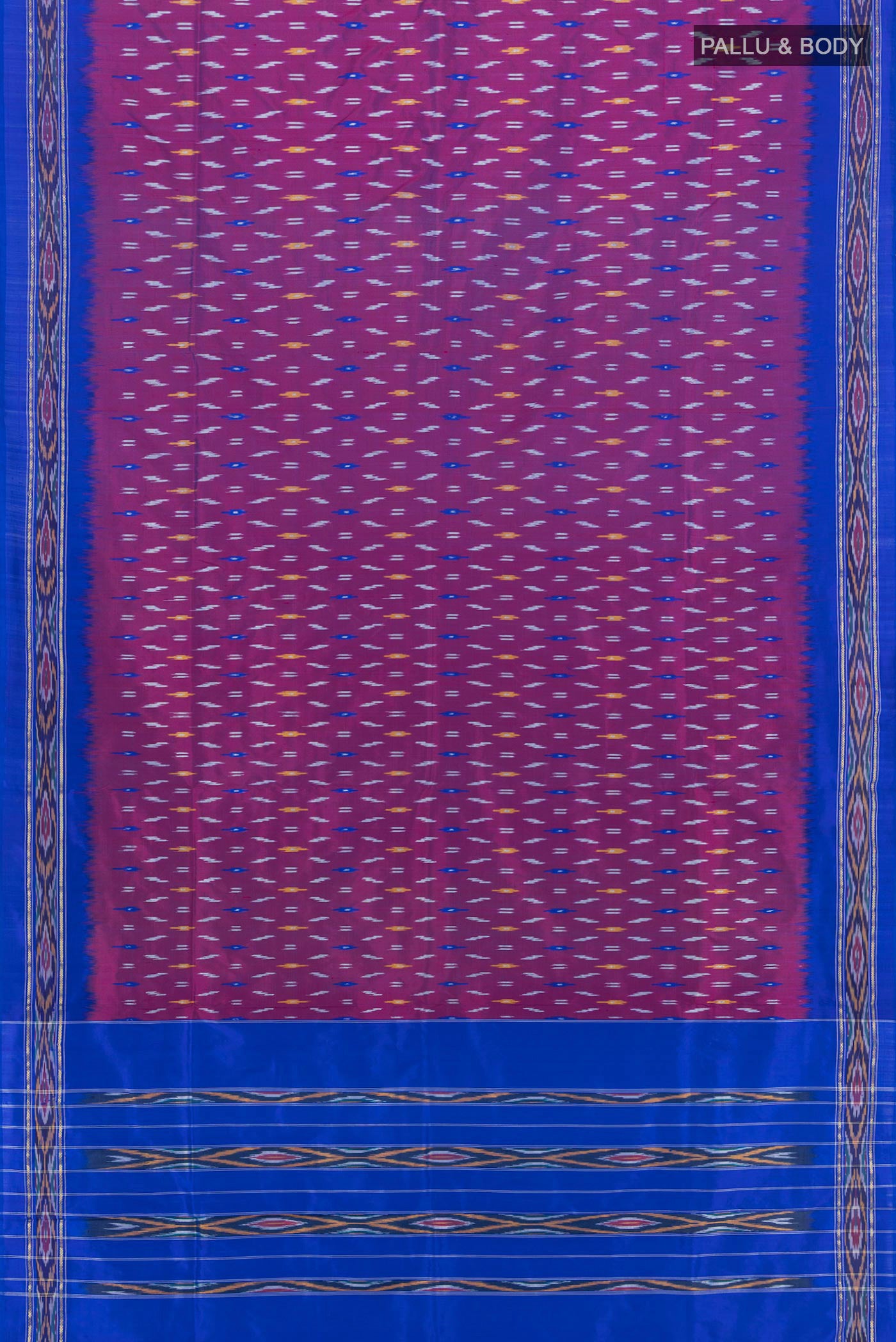 Flat view of Purple Pochampally Silk Saree with Ikat design on the body and Ikat Border. 