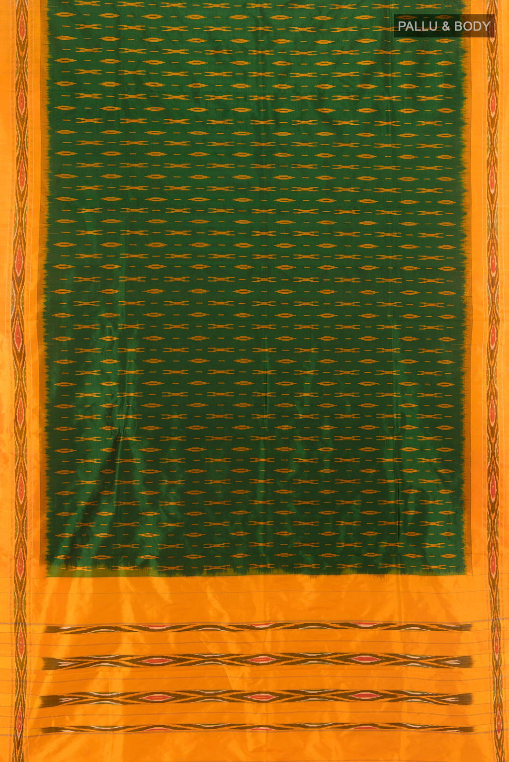 Flat view of Pure Silk Bottle Green Pochampally Saree with Ikat Print on the body and Ikat Border. 