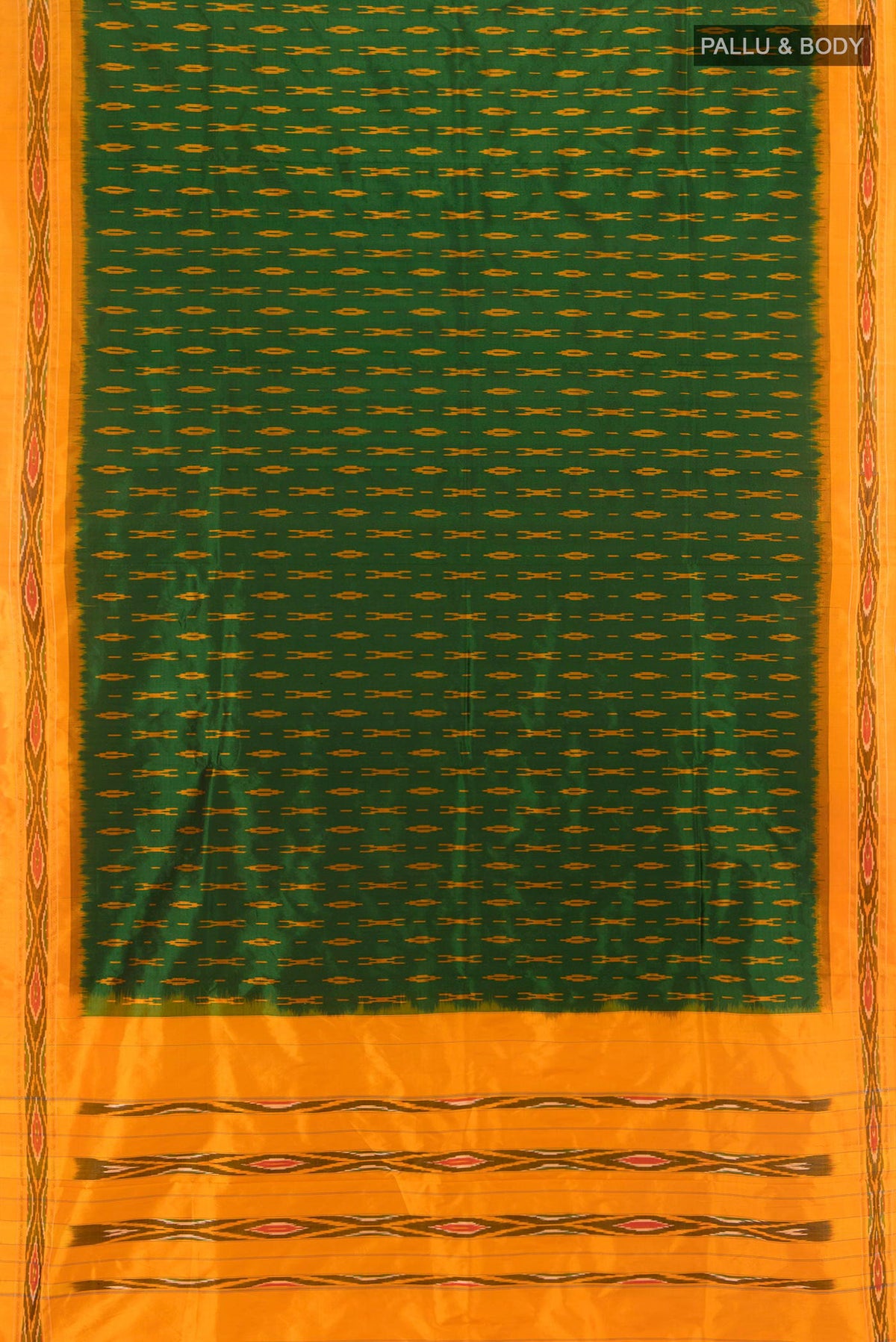 Flat view of Pure Silk Bottle Green Pochampally Saree with Ikat Print on the body and Ikat Border. 