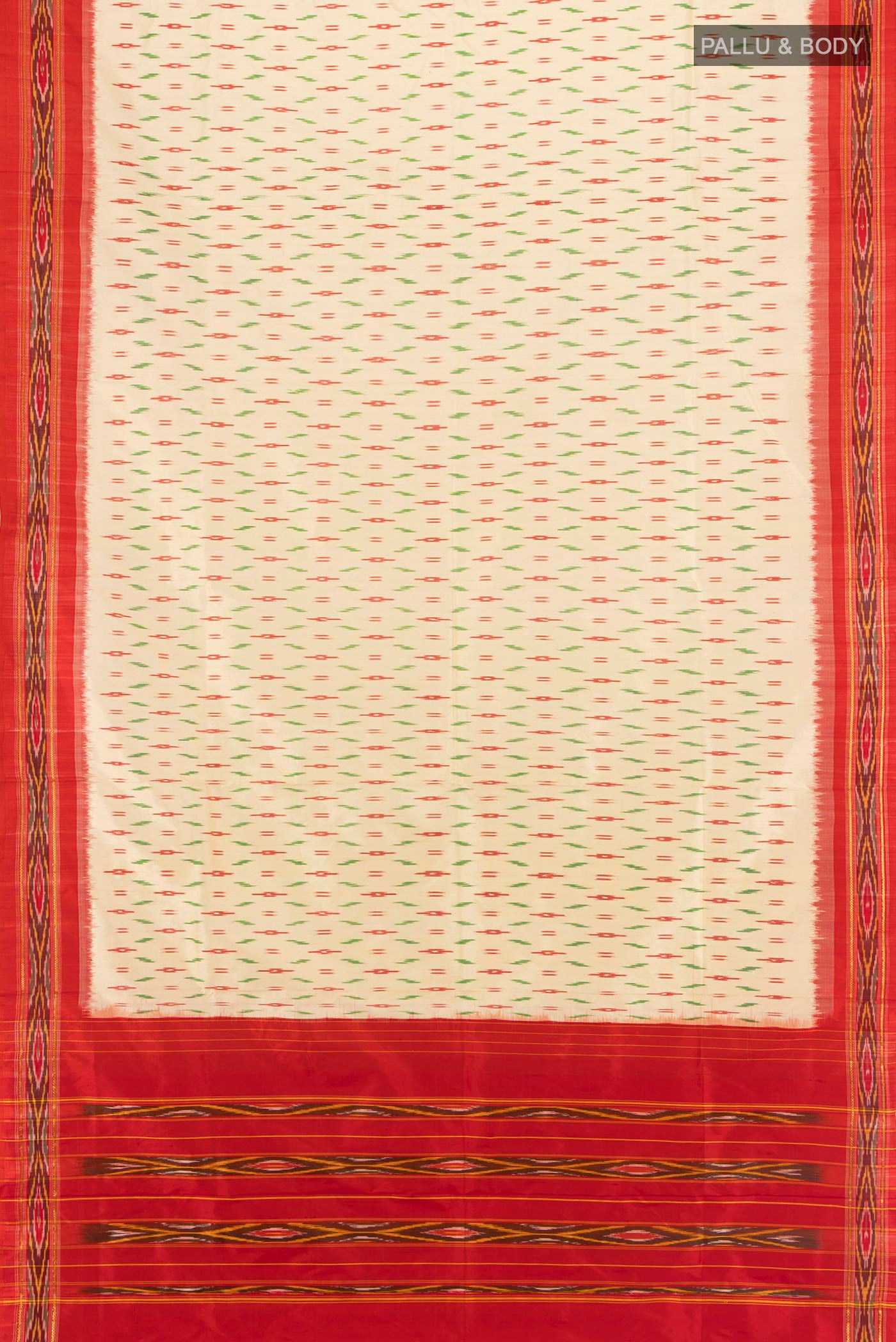 Flat view of Cream Pochampally Silk Saree with Ikat design on the body and Ikat Border. 