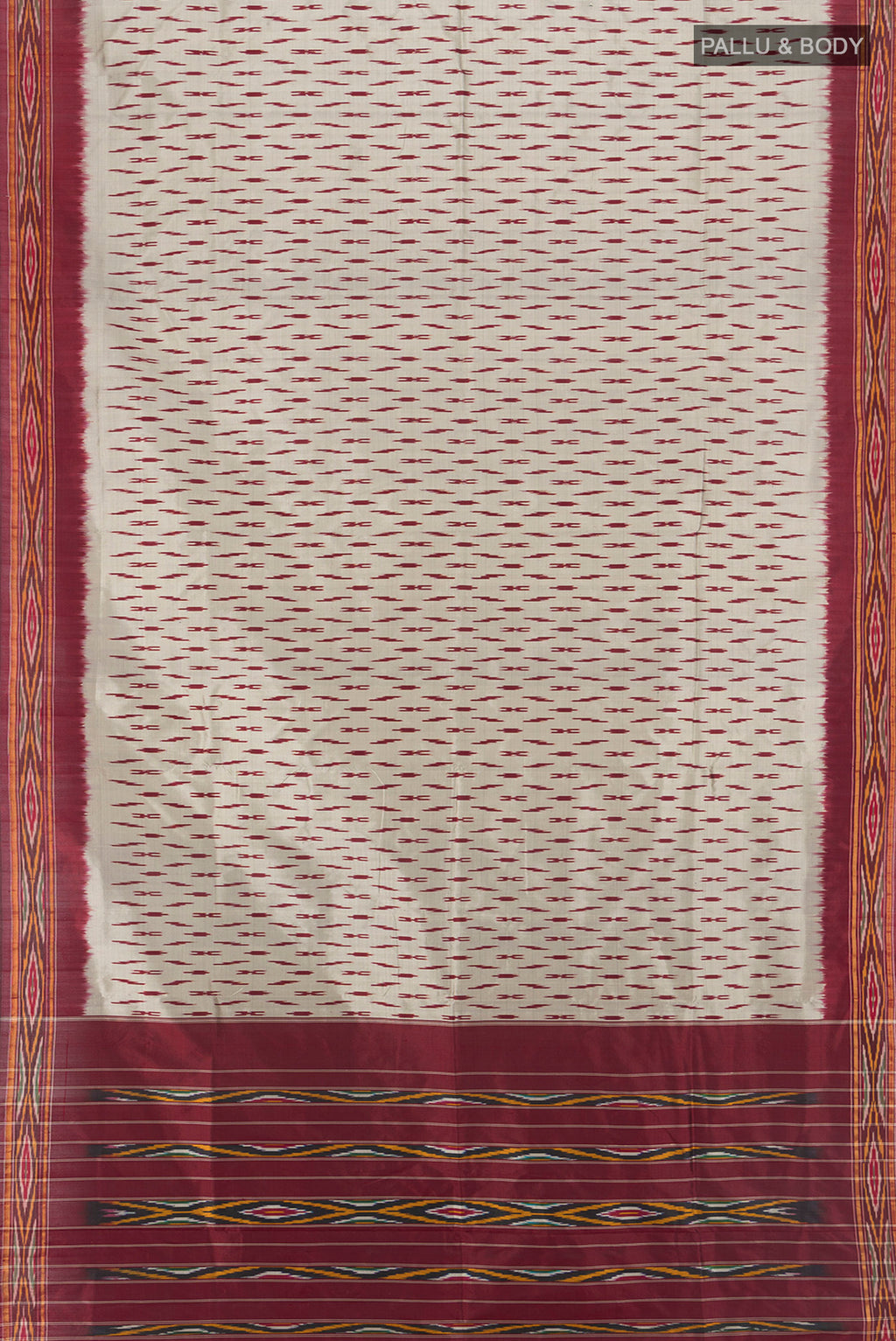 Flat view of Davys Grey Pochampally Silk Saree with Ikat design on the body and Zari Border. 