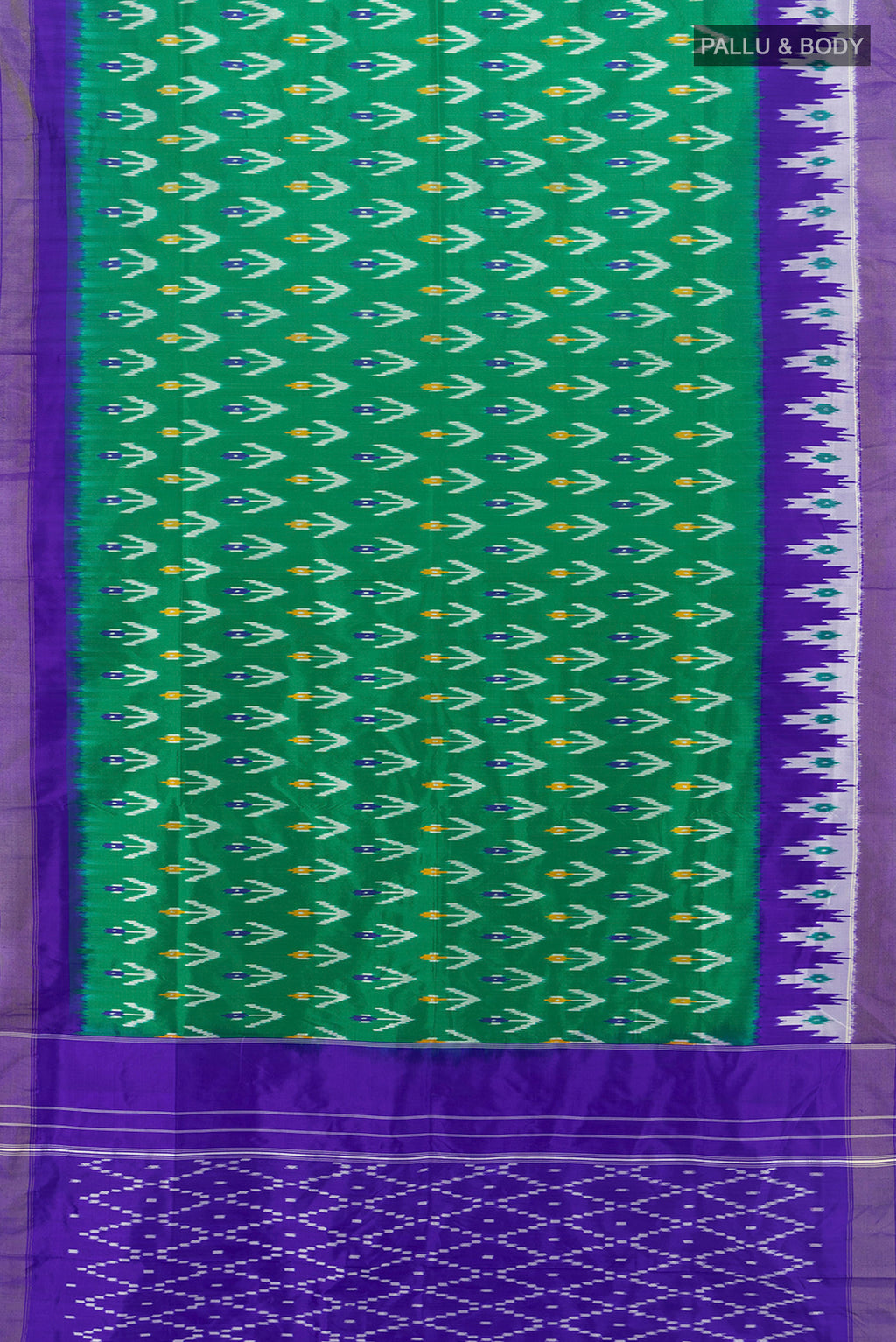 Flat view of Sage Green Pochampally Saree with Ikat Print on the body and Silk Border. 