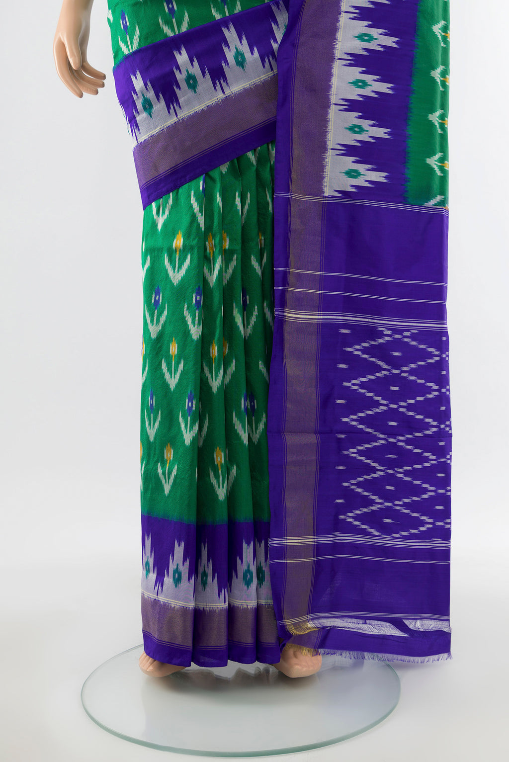 Pleats and pallu of Sage Green Pochampally Saree with Ikat Print on the body and Silk Border. 