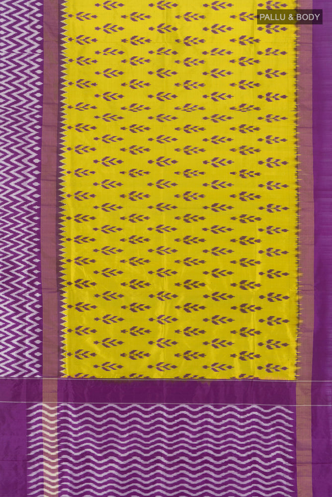 Flat view of Light Green Pochampally Saree with Ikat Print on the body and Silk Border. 