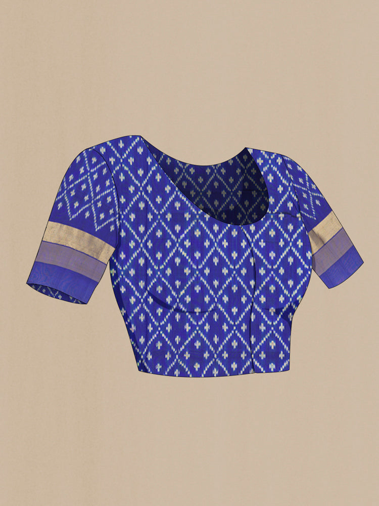 Close up image of the blouse of Grey Pochampally Saree with Ikat Print on the body and Silk Border. 