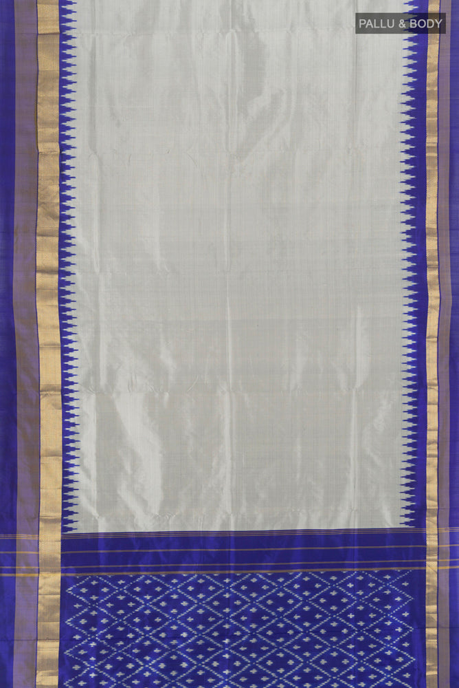 Flat view of Grey Pochampally Saree with Ikat Print on the body and Silk Border. 