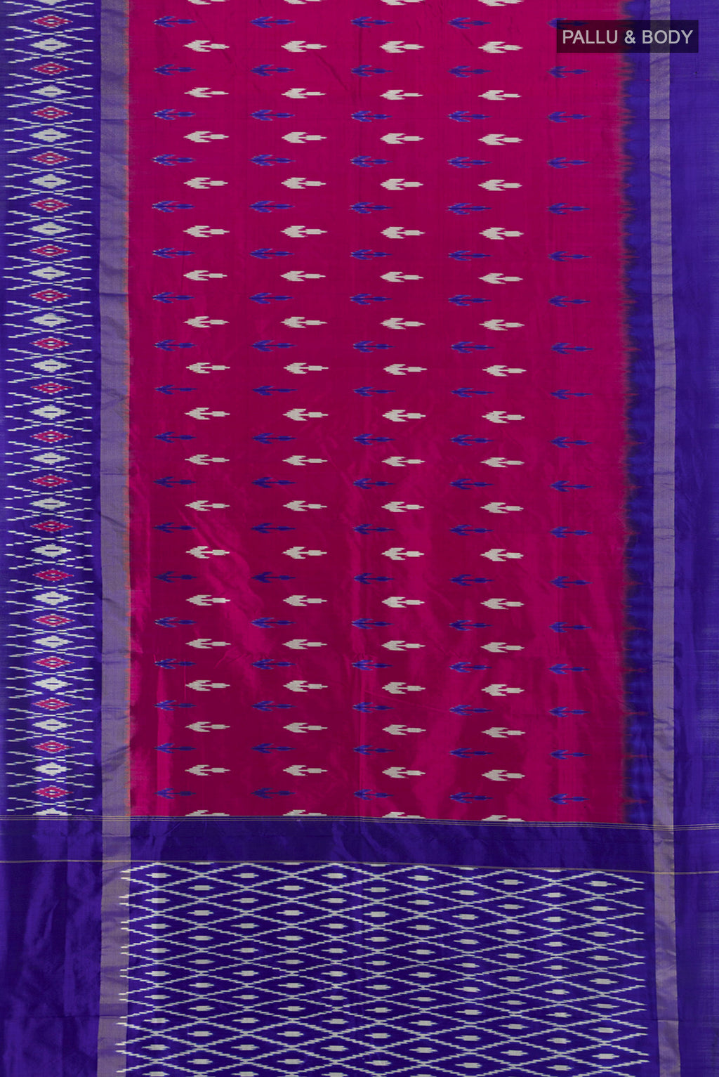 Flat view of Multi Color Pochampally Saree with Ikat Print on the body and Silk Border. 