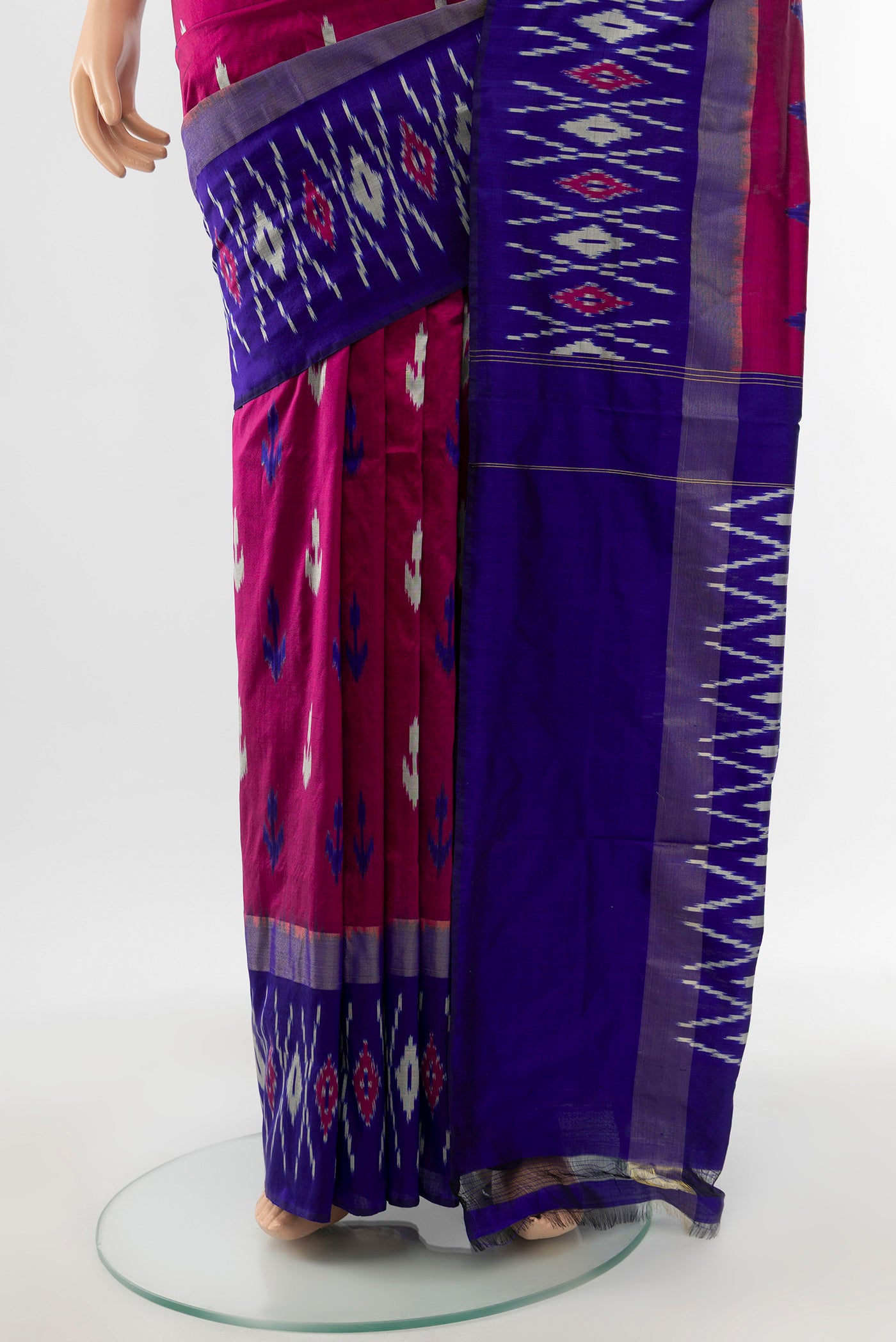 Pleats and pallu of Multi Color Pochampally Saree with Ikat Print on the body and Silk Border. 