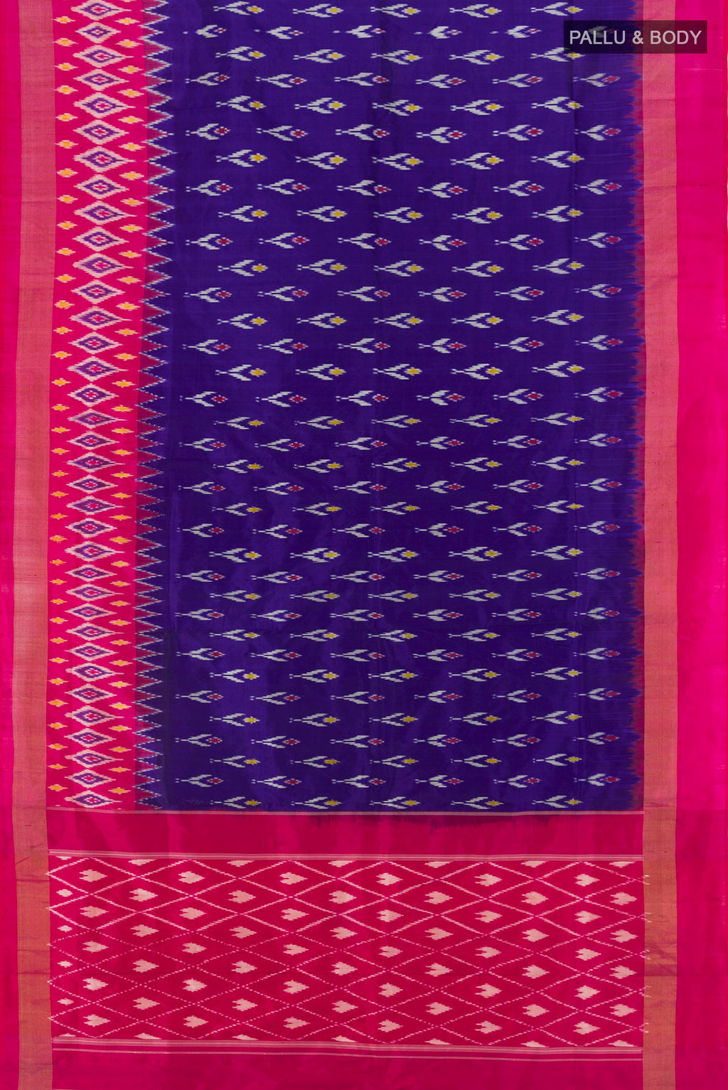 Flat view of Dark Blue Pochampally Silk Saree with Ikat design on the body and Ikat Border. 