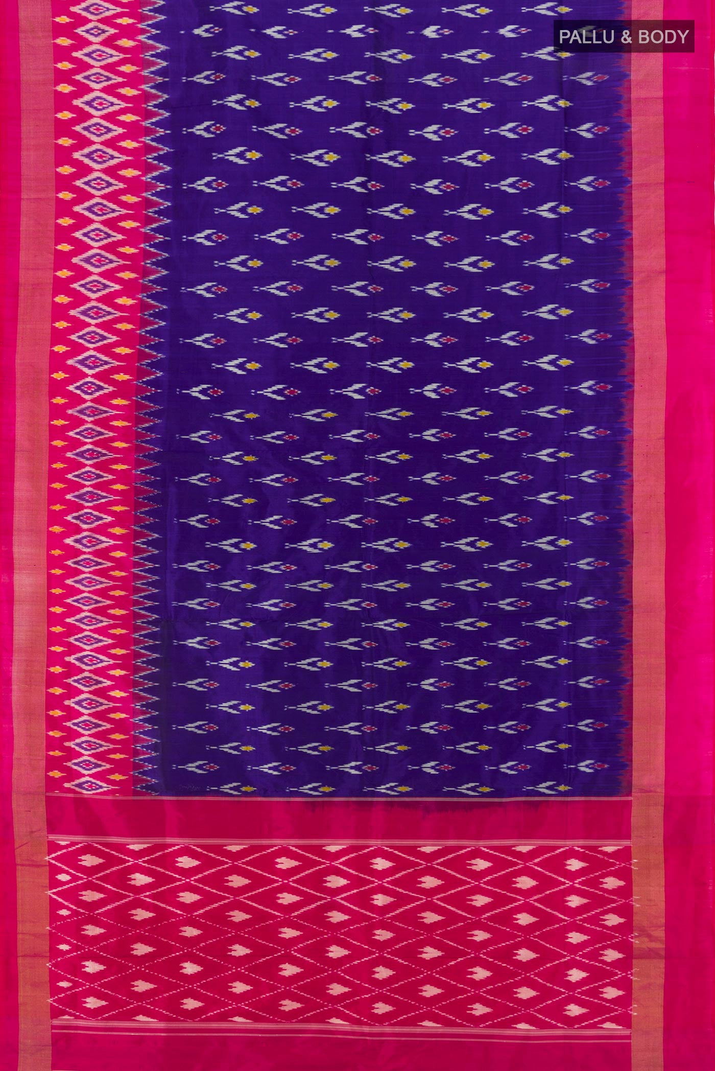 Flat view of Dark Blue Pochampally Silk Saree with Ikat design on the body and Ikat Border. 